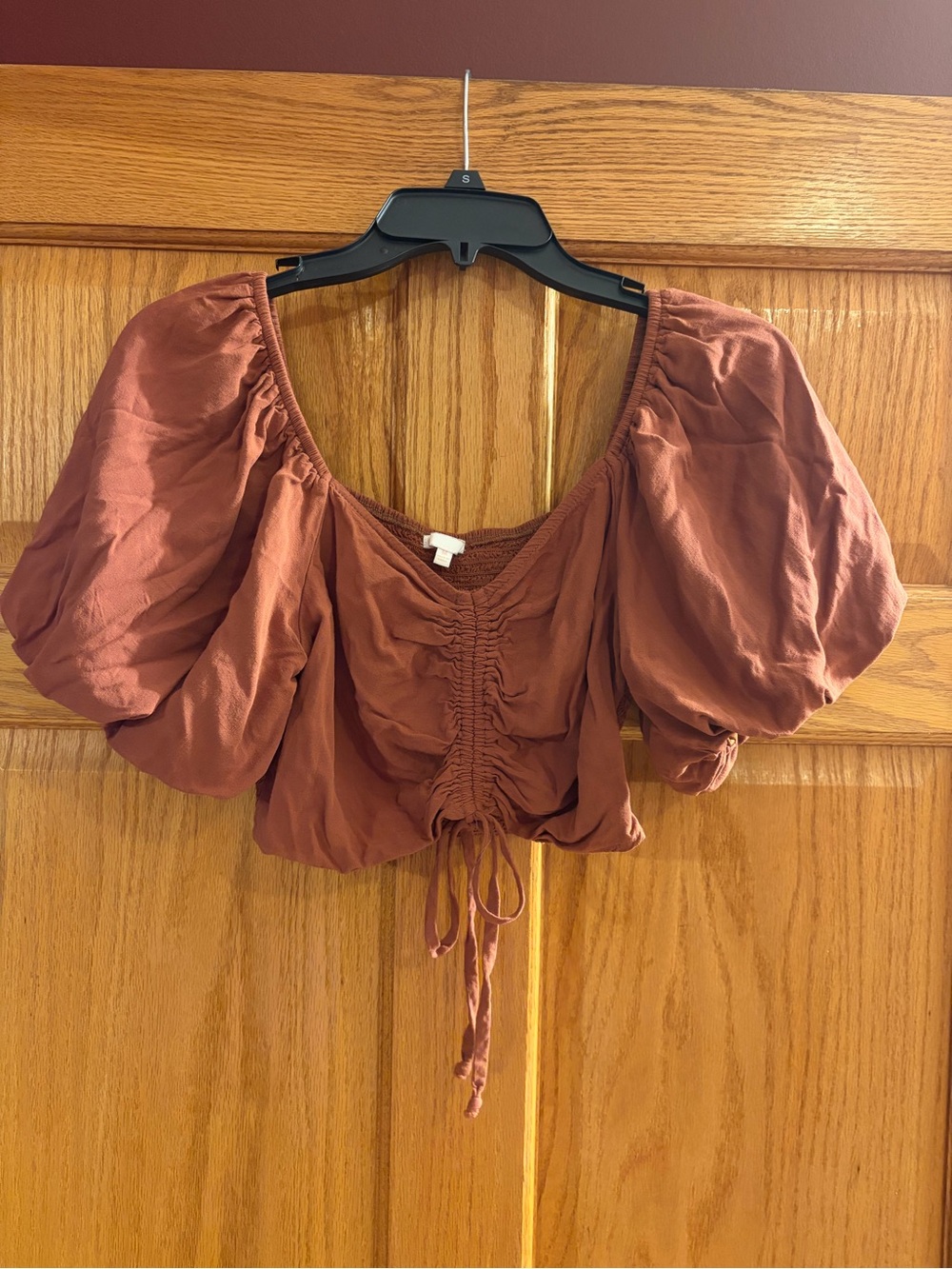 Altar'd State Rust Puff-Sleeve Cropped Blouse with Drawstring